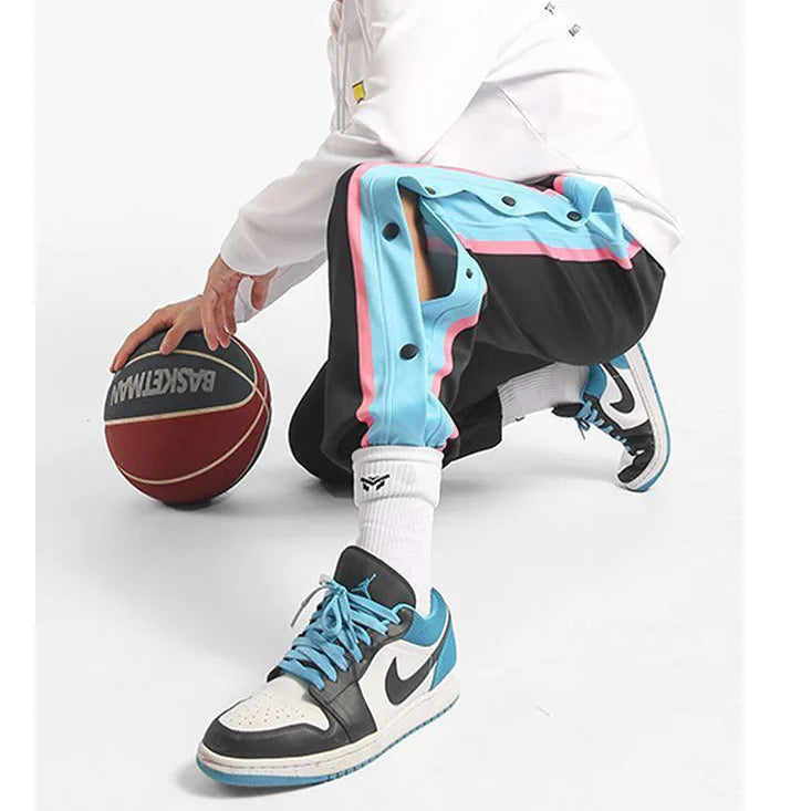 Harajuku Fashion Sports Men Pants Daily Outdoor Basketball Sweatpants Hollow Out Side Stripe Button Fly Design Creative Trousers Good Vibrations