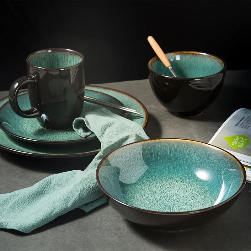 Malachite Green Ceramic Plates And Bowls Set Eco Friendly Porcelain Dinner Cutlery Set Kitchen Dish Plate Spoon Accessories Good Vibrations