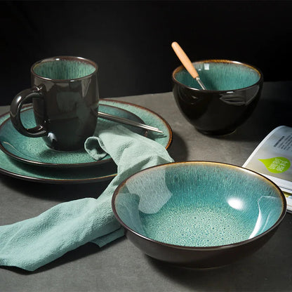 Malachite Green Ceramic Plates And Bowls Set Eco Friendly Porcelain Dinner Cutlery Set Kitchen Dish Plate Spoon Accessories Good Vibrations