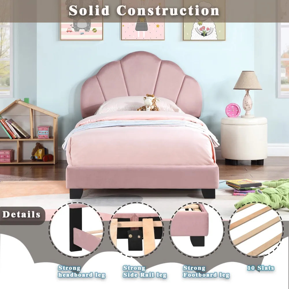 Upholstered Twin Size Platform Bed for Kids, Wooden Bed Frame with Slatted Bed Base, Cute Bed Frame with Shell Design Headboard Good Vibrations