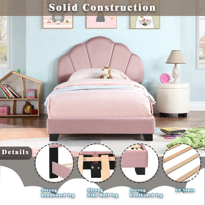 Upholstered Twin Size Platform Bed for Kids, Wooden Bed Frame with Slatted Bed Base, Cute Bed Frame with Shell Design Headboard Good Vibrations