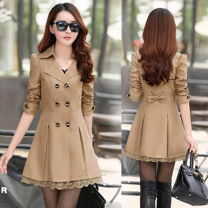 Fashion Double Breasted Windbreaker Spring Autumn Coats Women's Trench Coat Mid-Long Lace Stitching Casual Outerwear Female Good Vibrations