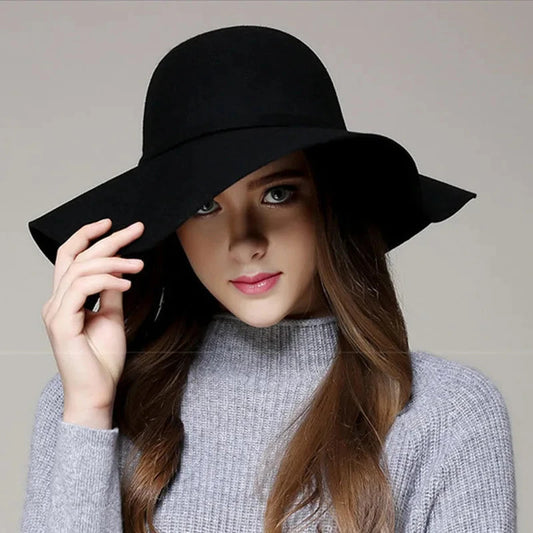 British Style Felt Hats for Women, Big BrimTop Hat, Flat Brim, White Cap for Lady, Autumn and Winter Good Vibrations