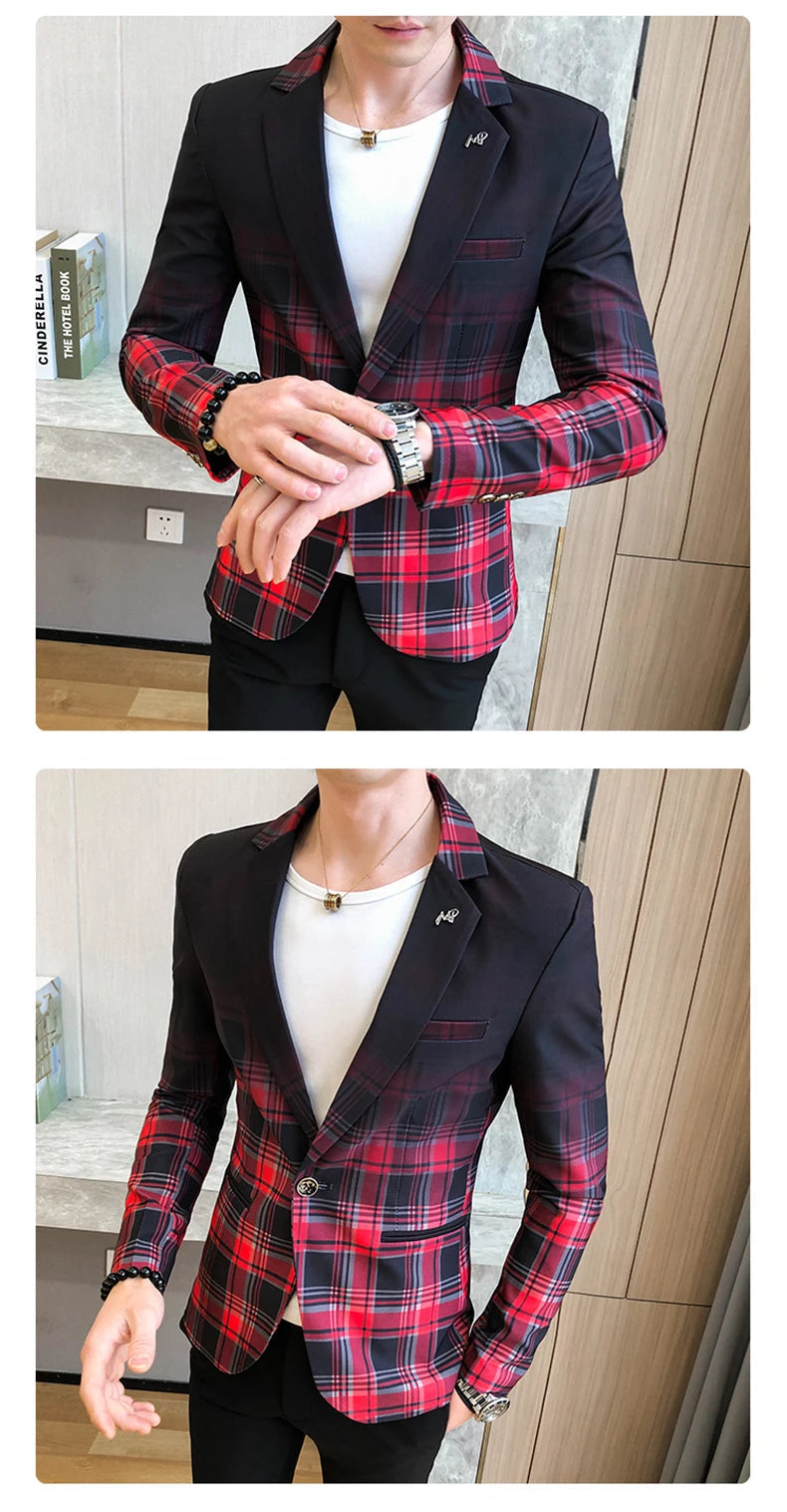 Blazer Men Boutique Fashion Plaid Men's Slim Casual Suit Jacket Male Ball Social Blazer Suit Coat Host Clothing Good Vibrations