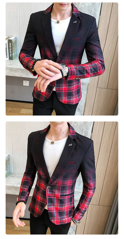 Blazer Men Boutique Fashion Plaid Men's Slim Casual Suit Jacket Male Ball Social Blazer Suit Coat Host Clothing Good Vibrations