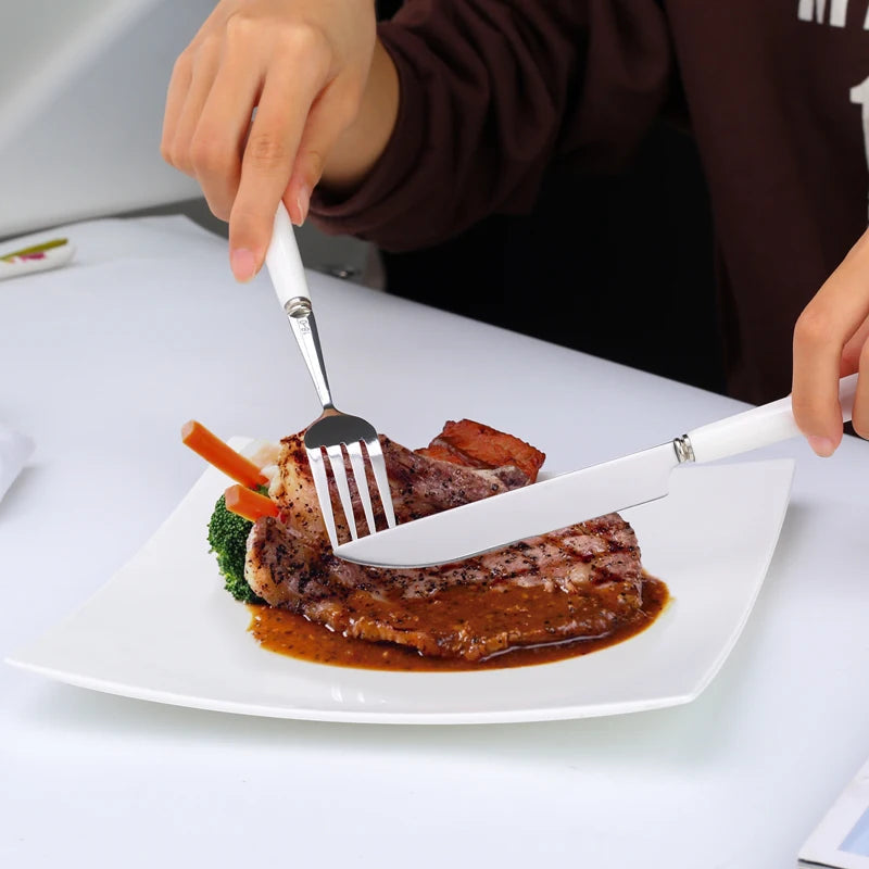 Ceramic Handle Tableware Set Stainless Steel Cutlery Set Steak Knife Fork Coffee Spoon Dessert Dinnerware Rose Flowers Pattern Good Vibrations