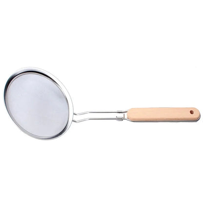Hot Sell New Design Kitchen Gadgets Stainless Steel Strainers With Non-slip Wooden Handle Good Vibrations