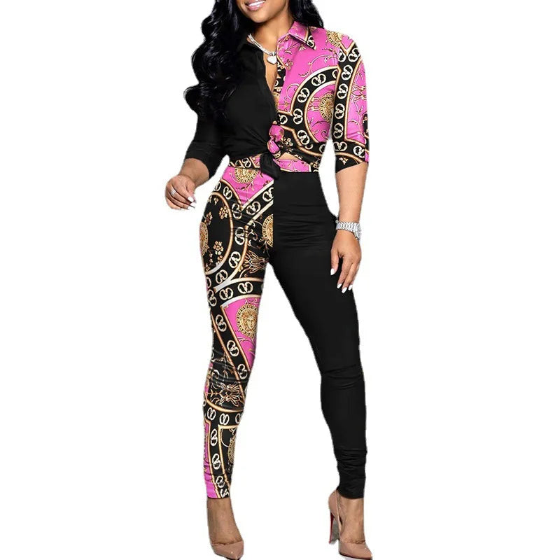 Wholesale Two Piece Set Women Outfits Office Ladies Long Sleeve Print Shirt and Long Pants 2 Piece Casual Pants Set Good Vibrations