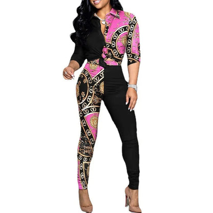 Wholesale Two Piece Set Women Outfits Office Ladies Long Sleeve Print Shirt and Long Pants 2 Piece Casual Pants Set Good Vibrations