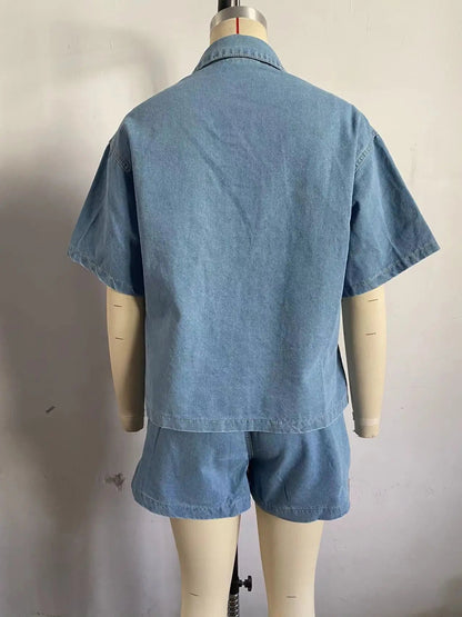 Trendy Women Set 2 Piece Casual Short Sleeve Boxy Shirt Tops and Shorts Lounge Sets Outfits 2025 Summer Denim Set for Women Good Vibrations