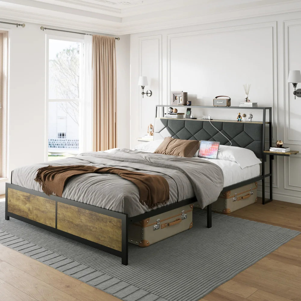 Queen Bed Frame with Storage Headboard, Built-in Charging Station, RGB LED Lights, Side Shelf, No Box Spring Needed Good Vibrations