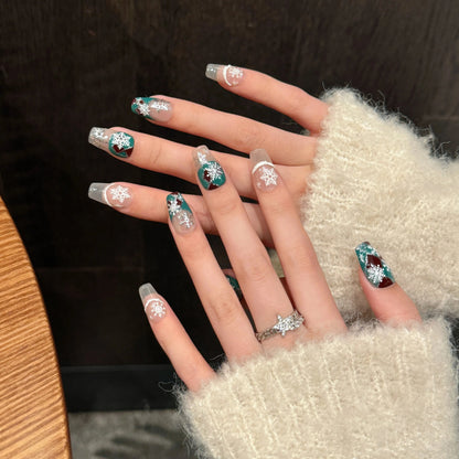 2491Christmas nails 10pcs fake nails Short coffin Hand-painted Christmas snowflakes Handmade Press-on Nails For fingers Good Vibrations
