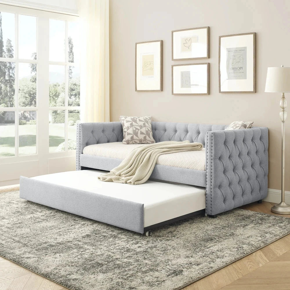 Daybed with Trundle Upholstered Tufted Extendable Sofa Bed with Button and Copper Nail on Square Arms Good Vibrations