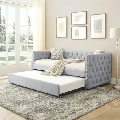Daybed with Trundle Upholstered Tufted Extendable Sofa Bed with Button and Copper Nail on Square Arms Good Vibrations