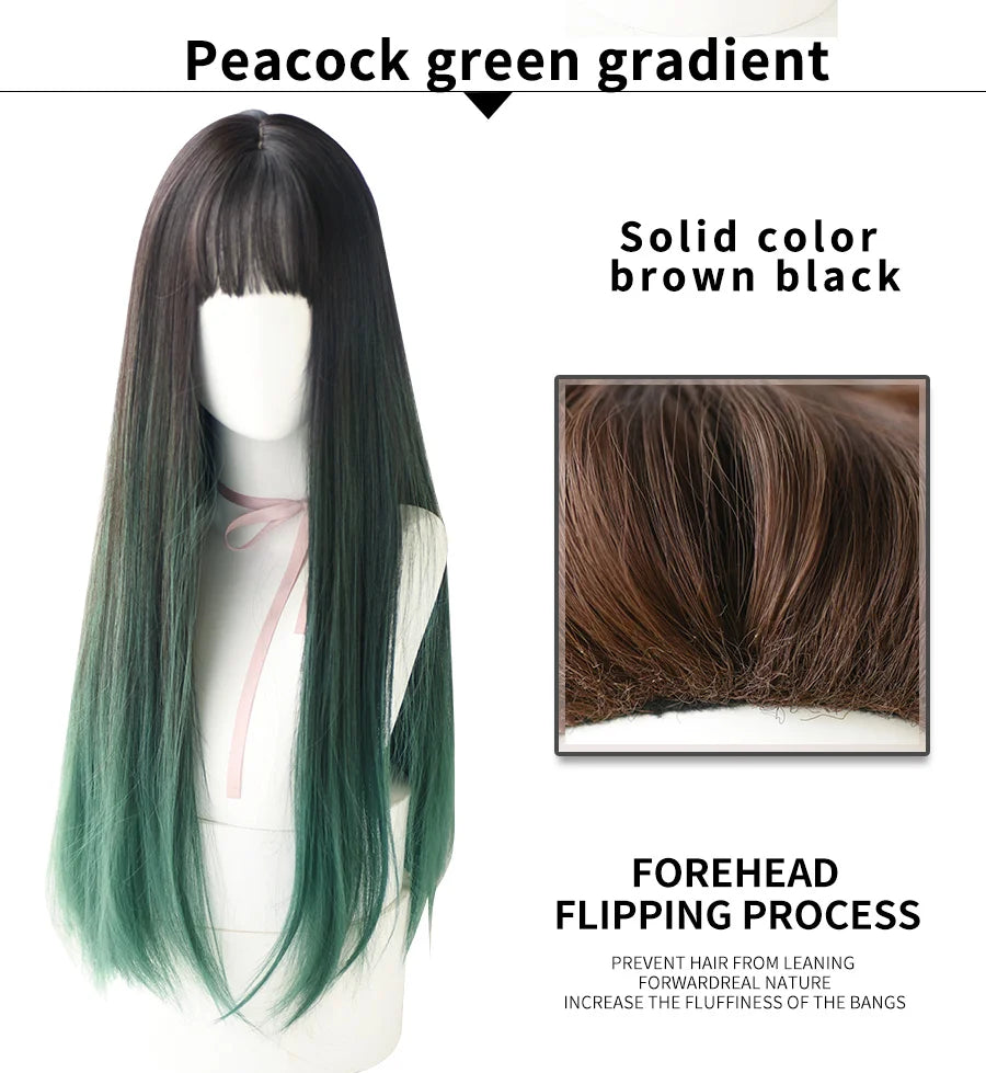 7JHHWIGS Long Wavy Synthetic Black Wigs For Women With Fringe Fashion Heat Resistant Mid-Length Daily Straight Light Brown Hair Good Vibrations