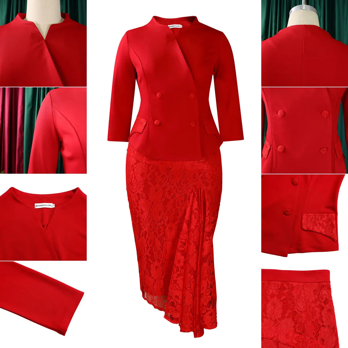 D559 Trendy Spring Dresses Women Casual Elegant Lace Patchwork Three Quarter Sleeve O-Neck Office Lady Dress African Dress Good Vibrations