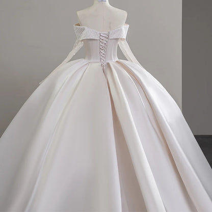 Luxury Satin Wedding Dress Court Train Elegant Boat Neck Princess Wedding Gown Plus Size Custom Made Sfy42