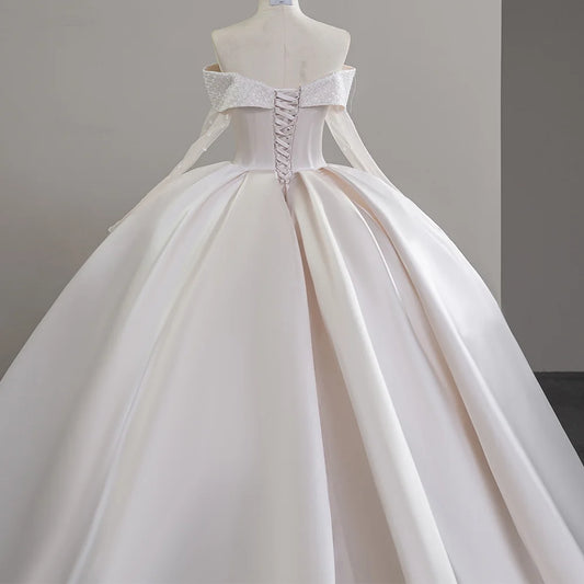 Luxury Satin Wedding Dress Court Train Elegant Boat Neck Princess Wedding Gown Plus Size Custom Made Sfy42