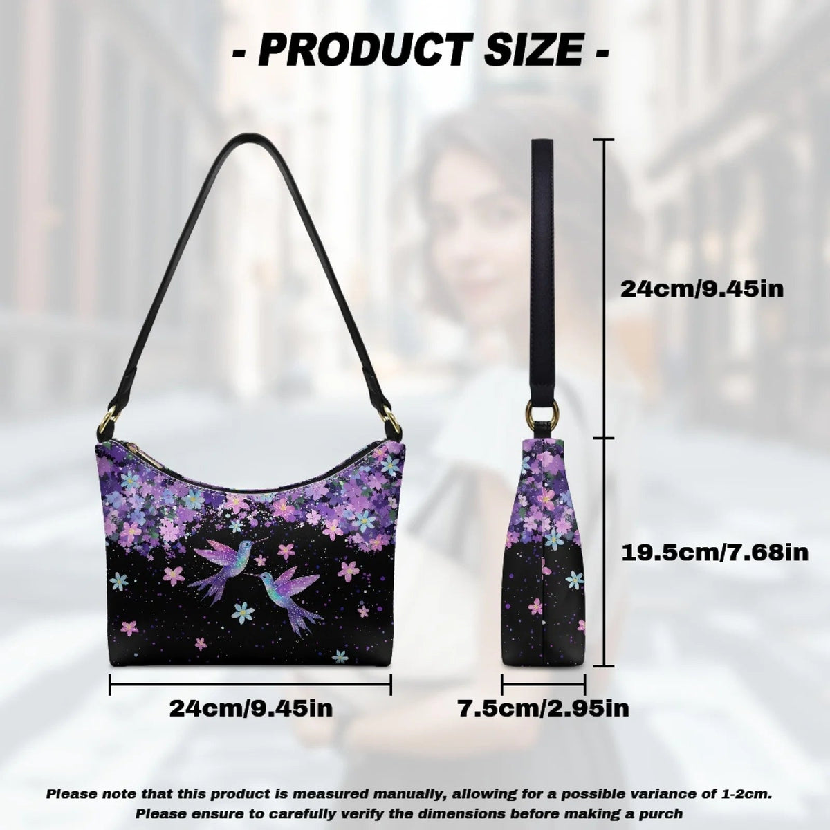 Nice Purple Flowers Birds Print Women's Single Shoulder Bag Fashionable Underarm Design Zip Portable All-Match Mother's Day Gift Good Vibrations