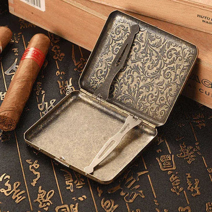 Vintage metal cigarette case with classic design for 20 pieces, open to show intricate interior pattern, perfect for men's gift.