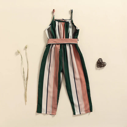 Girls Casual Bandage Sleeveless Suspender Jumpsuit Summer Fashion Stripe Printing Overalls Long Pants Children's Clothing Good Vibrations