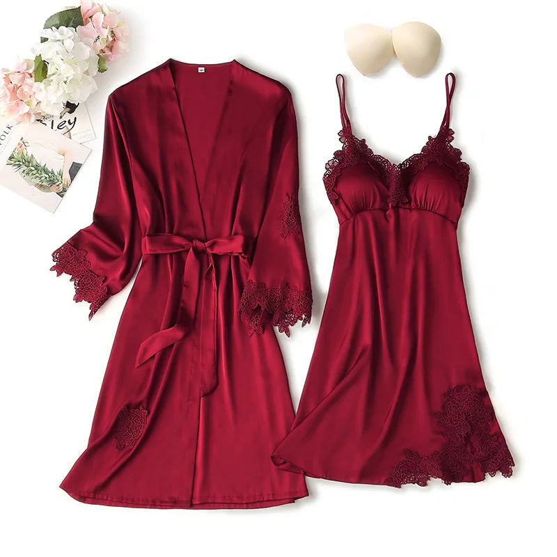 Women Satin Sexy Sets Ladies Nightgown Print Two-pieces Silk Sleepwear Robe+Nightdress Lounge Sets Pijama Good Vibrations