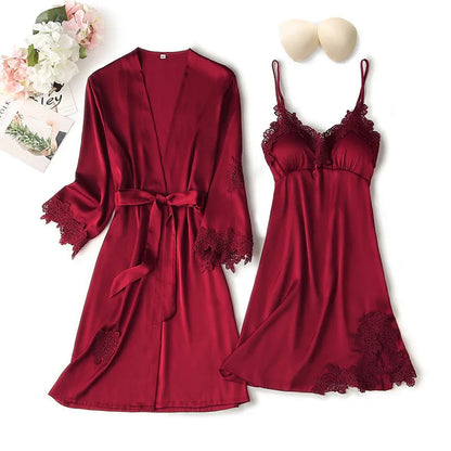 Women Satin Sexy Sets Ladies Nightgown Print Two-pieces Silk Sleepwear Robe+Nightdress Lounge Sets Pijama Good Vibrations