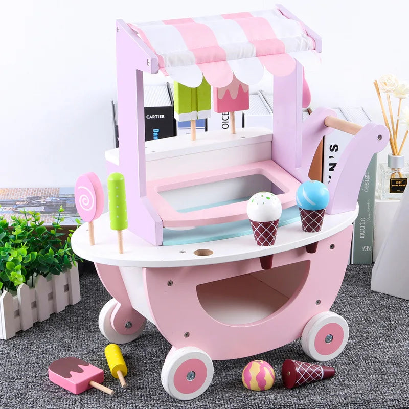 Children's Wood Trolley Playhouse Ice Cream Vending Machine Pretend Play Set Kids' Role Shopping Cart Toy Good Vibrations