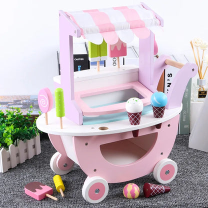 Children's Wood Trolley Playhouse Ice Cream Vending Machine Pretend Play Set Kids' Role Shopping Cart Toy Good Vibrations