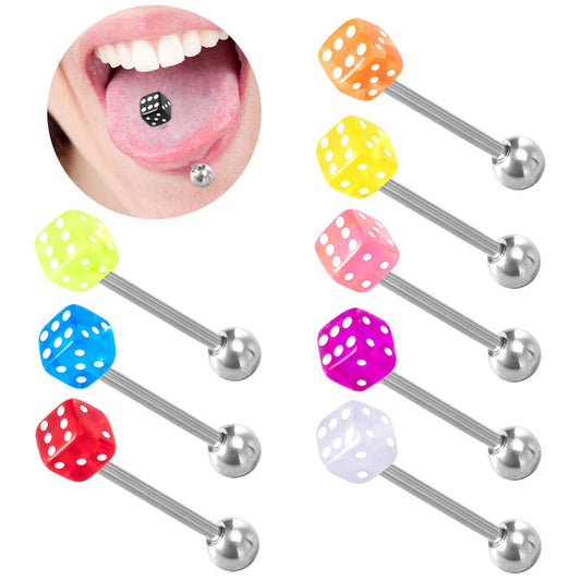2pcs Good Luck Dice Tongue Ring Surgical Steel Tongue Piercing Barbell Colorful Labret Stud Bar for Women Men Body Jewelry 14G Good Vibrations