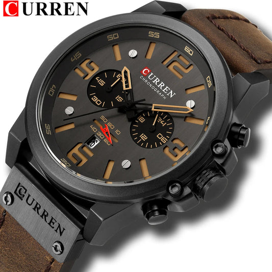 CURREN Mens Watches Top Luxury Brand Waterproof Sport Wrist Watch Chronograph Quartz Military Genuine Leather Relogio Masculino Good Vibrations