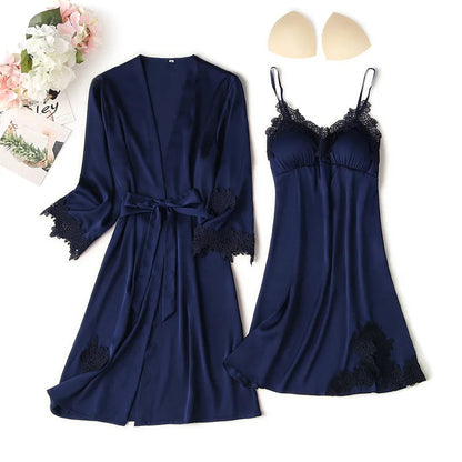 Women Satin Sexy Sets Ladies Nightgown Print Two-pieces Silk Sleepwear Robe+Nightdress Lounge Sets Pijama Good Vibrations