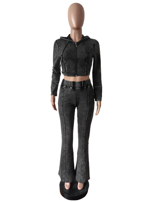 Women's Cotton Acid Wash 2 Piece Sets Hooded Crop Jacket Flare Pants Casual Two Piece Jogger Sweatsuits Sets Women Outfits 2025 Good Vibrations