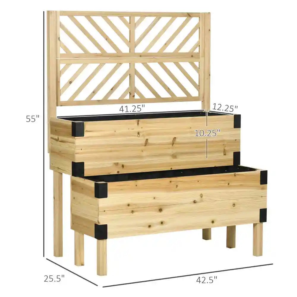 Raised Garden Bed with Trellis, 2 Tier Wooden Elevated Planter Box with Legs and Metal Corners for  Flowers, Natural Good Vibrations