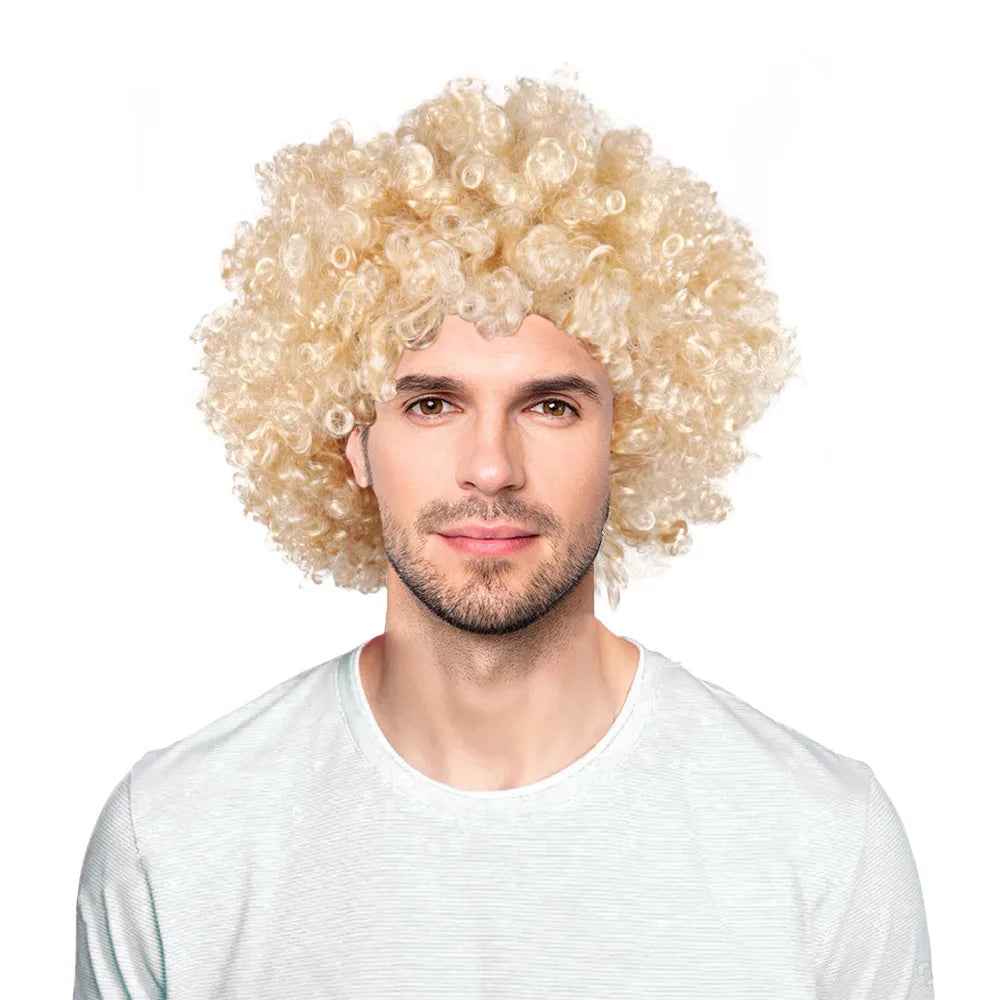Men's Synthetic Short Afro Curly Blonde Wig Halloween Costume Party Cosplay High Temperature Fiber Good Vibrations