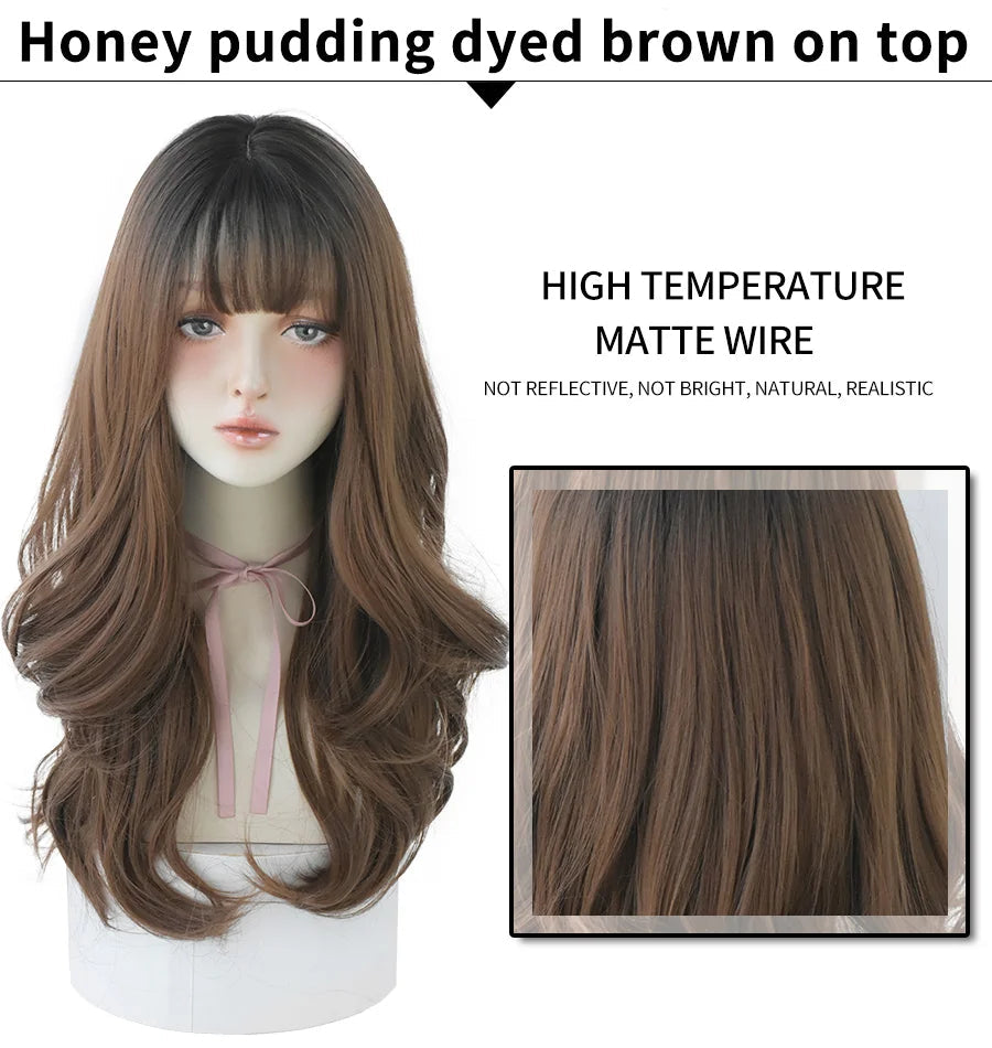 7JHHWIGS Long Wavy Synthetic Black Wigs For Women With Fringe Fashion Heat Resistant Mid-Length Daily Straight Light Brown Hair Good Vibrations