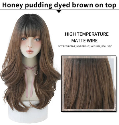 7JHHWIGS Long Wavy Synthetic Black Wigs For Women With Fringe Fashion Heat Resistant Mid-Length Daily Straight Light Brown Hair Good Vibrations
