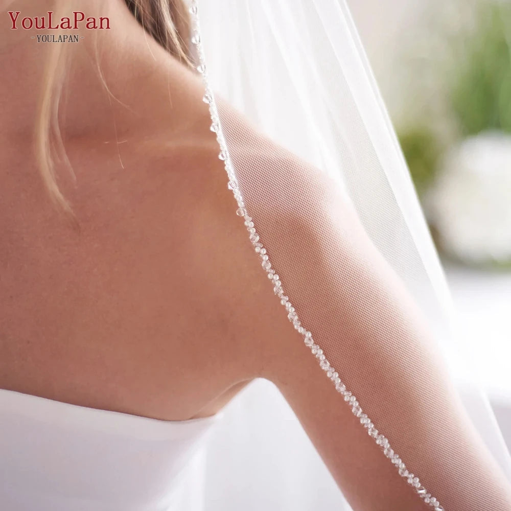 YouLaPan V175 R Fashion Bridal Beaded Veil Fingertips Long Crystal Pearl Trim Short Single Layer Veil Ivory Church Wedding Veil Good Vibrations