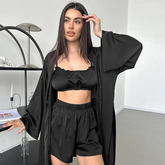 QINSI Sexy Bathrobe Silk Pajamas for Women Three Pieces Bra Robes Women Set Sleepwear Long Sleeved Satin Sexy Nightwear Good Vibrations