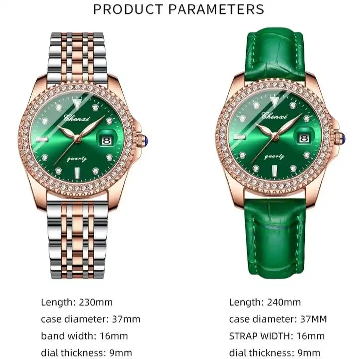 CHENXI Women Watch 385 Fashion Luxury Green Rhinestone Dial Stainless Steel Diamond Quartz Watches for Lady Dress Bracelet Gift Good Vibrations