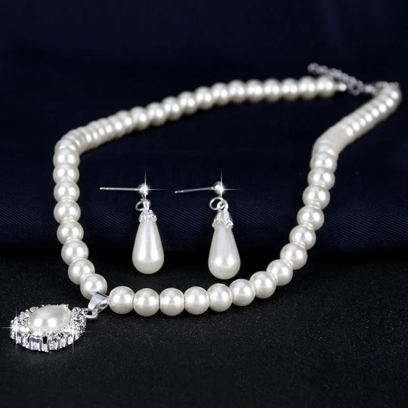 Pearl Jewelry Set for Women Water Drop Dangle Earrings Crystal Pendants Imitation Pearl Beads Necklaces femme brincos e colares Good Vibrations Adult Super Store