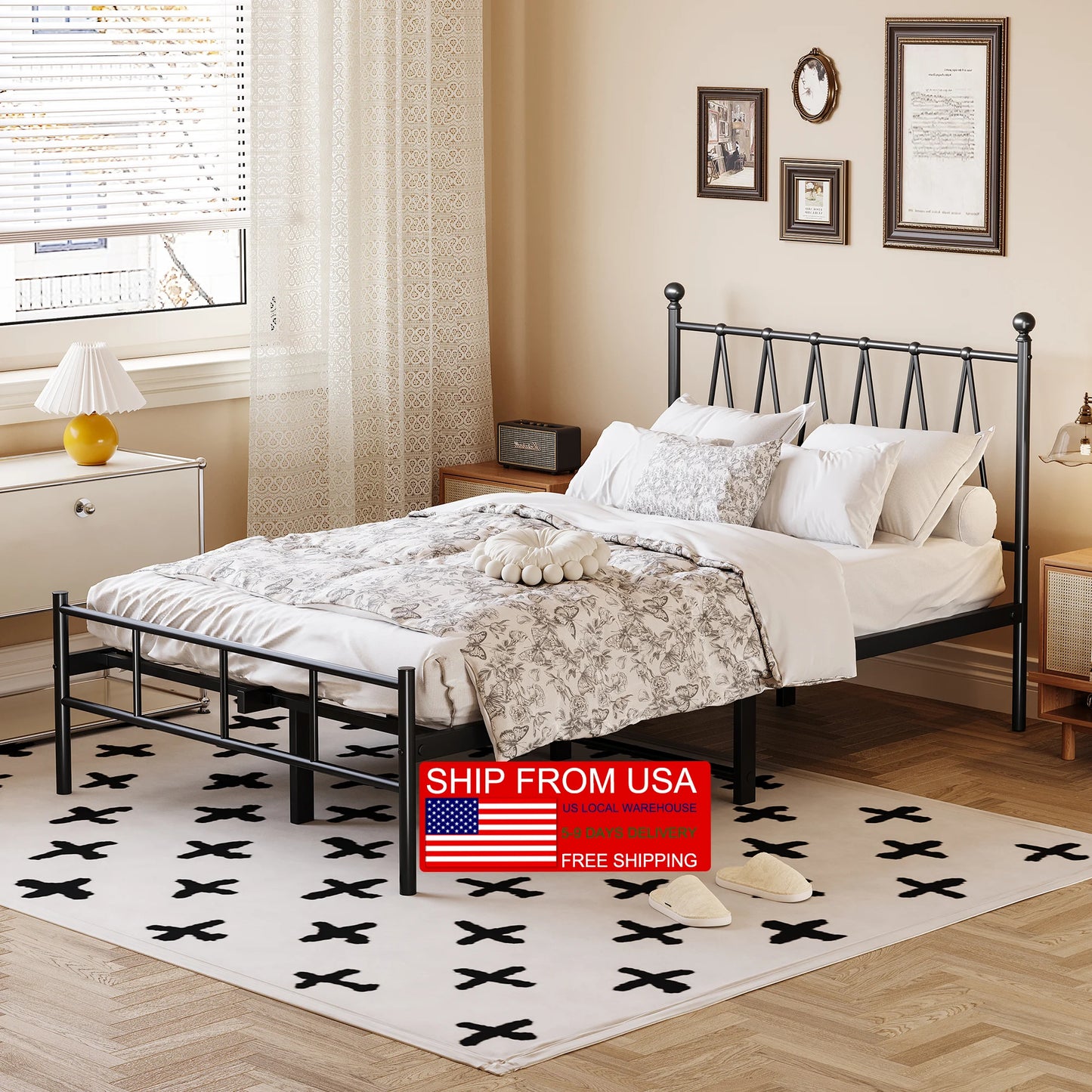 Single Size Bed Frame Heavy-Duty Platform with Metal Slats Support No Box Spring Needed/Easy Assembly Matte Black Good Vibrations