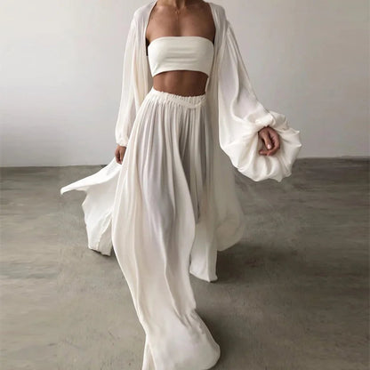 Women 3 Piece Sets Homewear Fashion Casual Lantern Sleeve Cardigan Tops+Wide Leg Pants Suits Lady Spring Soft Three Piece Outfit Good Vibrations