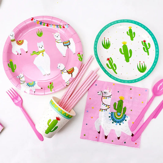 Llama Party Disposable Tableware Cartoon Cactus Alpaca Paper Plates Cups Kids Birthday Party Decoration Baby Shower Supplies Good Vibrations