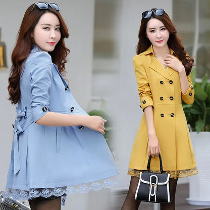 Fashion Double Breasted Windbreaker Spring Autumn Coats Women's Trench Coat Mid-Long Lace Stitching Casual Outerwear Female Good Vibrations
