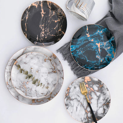 European Style Marble Plates Ceramic Dinner Set Gold Inlay Porcelain Dessert Plate Steak Salad Snack Cake Plates Tableware Good Vibrations