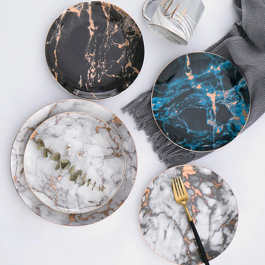 European Style Marble Plates Ceramic Dinner Set Gold Inlay Porcelain Dessert Plate Steak Salad Snack Cake Plates Tableware Good Vibrations