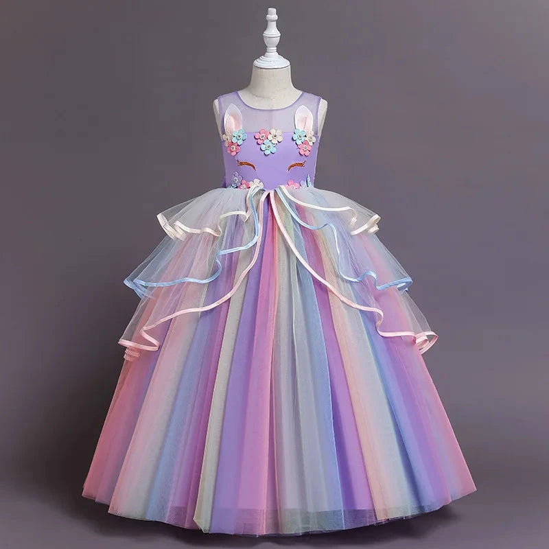 Kids Unicorn Girl Dresses Flower Appliques Princess Dresses Children Wedding Birthday Party Costume Evening Formal Gown Good Vibrations