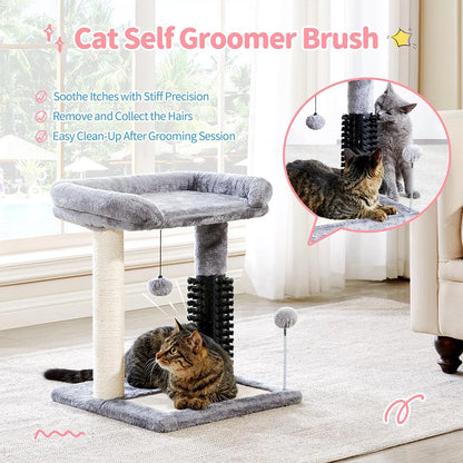 20" Tall Grey Cat Tower 4-in-1 Self Groomer Natural Sisal Plush Perch Bed Indoor Kittens Scratching Post Wood for Small Cats Good Vibrations