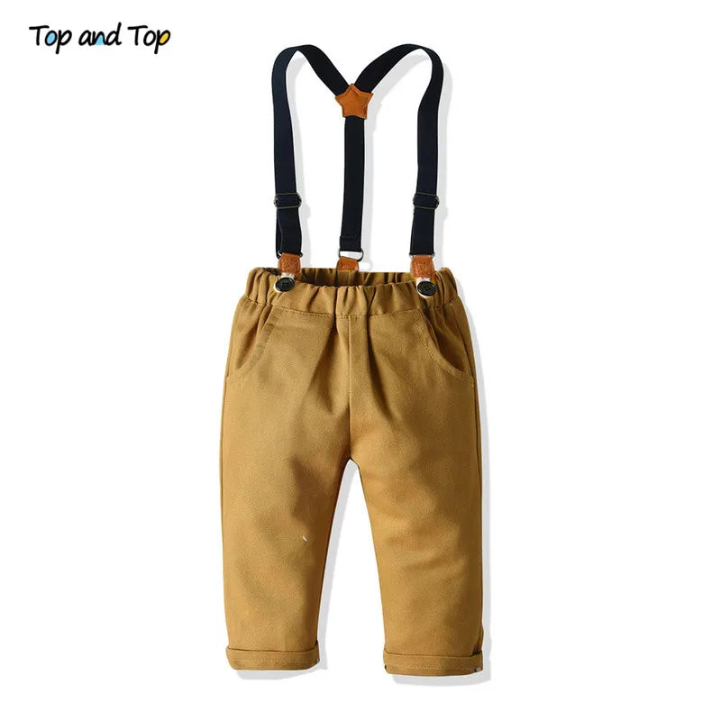 Top and Top Boys Clothing Sets Springs Autumn New Kids Boys Long Sleeve Plaid Bowtie Tops+Suspender Pants Casual Clothes Outfit Good Vibrations